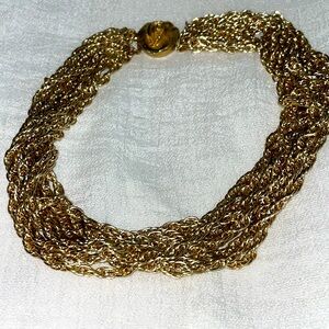 Vintage gold tone multi chain strand enamel rose slide box clasp choker necklace